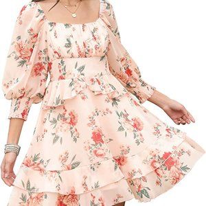 Pre-owned Womens Floral Ruffle Sun Dress Sundress Tiered Square Neck Long Sleeve